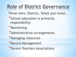 Three tiers: District, Tehsil and Union.
*School education is primarily
responsibility
*Monitoring
*Administrative arrangements
*Managing resources
*Record Management
*Parent-Teachers Associations
 