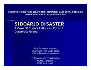 AUDITING THE HOTMUD ERUPTION IN SIDOARJO, EAST JAVA, INDONESIA
              WITH ENVIRONMENTAL PERSPECTIVES




     SIDOARJO DISASTER
     A Case Of State’s Failure to Control
     Corporate Greed




                     Prof. Dr. Anwar Nasution
                   Chairman of The Audit Board
                   Of the Republic of Indonesia

                  11th Meeting of INTOSAI-WGEA
                         Arusha, Tanzania                  1
                         25-29 June, 2007
 
