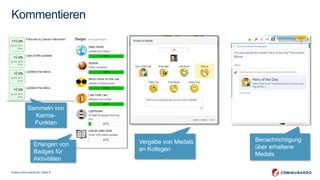 © www.communardo.de | Seite 8
Kommentieren
Sammeln von
Karma-
Punkten
Erlangen von
Badges für
Aktivitäten
Vergabe von Medals
an Kollegen
Benachrichtigung
über erhaltene
Medals
 