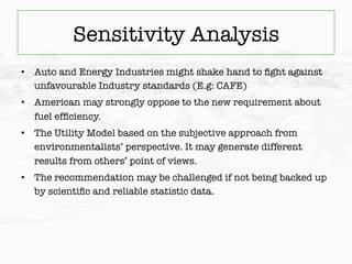 Sensitivity Analysis
•  Auto and Energy Industries might shake hand to ﬁght against
   unfavourable Industry standards (E....