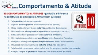 Comportamento & Atitude
10 COMPORTAMENTOS & ATITUDES que farão a diferença
na construção de um negócio Amway bem sucedido
1. Seja positivo, otimista e engajado;
2. Seja um eterno aprendiz. Treinamento nunca é demais;
3. O seu negócio Amway é para toda vida, cuide dele diariamente;
4. Nunca coloque a integridade e reputação do seu negócio em risco;
5. Esteja cercado de pessoas com fortes valores e princípios;
6. Um negócio saudável deve ser equilibrado entre Revenda e Patrocínio;
7. O negócio Amway está repleto de oportunidades. Esteja atento sempre;
8. O sucesso duradouro vem pelo trabalho árduo, não pela sorte;
9. Seja humilde, generoso e trate a todos, seja do seu grupo ou não, com respeito;
10. Cumpra sempre as promessas feitas aos seus Patrocinados e Clientes.
 