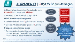ALAVANCA #3 | +R$125 Bônus Ativação
O Bônus Ativação premia o Patrocinador com
R$100,00 e o Platina com R$25,00.
• Período: 1º Set 2013 até 31 Ago 2014
Como isso beneficia o Negócio?
• Construtores de rede: +ganho a cada ativação
• Líderes: Maiores grupos, gerando +volume
Dica para aumentar seu ganho
• No momento do patrocínio, oriente a primeira
compra. O novo Empresário que tem contato
com o produto tende a ser mais produtivo.
Patrocinador
c/200 Pontos
Pessoais
Novo EA
c/ 200 Pontos
Pessoais no
mês do
cadastro
Recompensa
R$25,00
p/Platina
1º Platina
c/200 Pontos
Pessoais
Recompensa
R$100,00
p/Patrocinador
Notas:
1.O patrocinador pessoal que não tiver 200 pontos pessoais no mesmo mês do patrocinado, perde o direito de receber o prêmio.
2.O primeiro Platina no grupo que totalizar 200 pontos pessoais ganha R$25,00 por cada novo Empresário que fizer 200 pontos pessoais no mês do cadastro.
TOTALIZANDO 200
PONTOS PESSOAIS
DURANTE 3
MESES, GANHE UM
SITE PERSONALIZADO
 