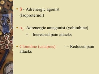    -  Adrenergic agonist  (Isoproternol)    2 - Adrenergic antagonist (yohimbine) =  Increased pain attacks   Clonidine (catapres)  = Reduced pain attacks   