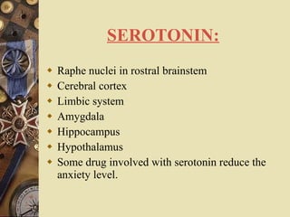 SEROTONIN: Raphe nuclei in rostral brainstem Cerebral cortex Limbic system Amygdala Hippocampus Hypothalamus Some drug involved with serotonin reduce the anxiety level.   