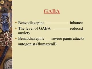 GABA Benzodiazepine inhance The level of GABA  reduced anxiety Benzodiazepine  severe panic attacks antogonist (flumazenil)  