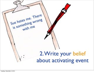 2.Write your belief
about activating event
Sue hates me. There
is something wrong
with me
Tuesday, November 2, 2010
 