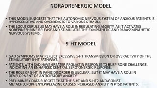 NORADRENERGIC MODEL
• THIS MODEL SUGGESTS THAT THE AUTONOMIC NERVOUS SYSTEM OF ANXIOUS PATIENTS IS
HYPERSENSITIVE AND OVERREACTS TO VARIOUS STIMULI.
• THE LOCUS CERULEUS MAY HAVE A ROLE IN REGULATING ANXIETY, AS IT ACTIVATES
NOREPINEPHRINE RELEASE AND STIMULATES THE SYMPATHETIC AND PARASYMPATHETIC
NERVOUS SYSTEMS.
5-HT MODEL
• GAD SYMPTOMS MAY REFLECT EXCESSIVE 5-HT TRANSMISSION OR OVERACTIVITY OF THE
STIMULATORY 5-HT PATHWAYS.
• PATIENTS WITH SAD HAVE GREATER PROLACTIN RESPONSE TO BUSPIRONE CHALLENGE,
INDICATING AN ENHANCED CENTRAL SEROTONERGIC RESPONSE.
• THE ROLE OF 5-HT IN PANIC DISORDER IS UNCLEAR, BUT IT MAY HAVE A ROLE IN
DEVELOPMENT OF ANTICIPATORY ANXIETY.
• PRELIMINARY DATA SUGGEST THAT THE 5-HT AND 5-HT2 ANTAGONIST
METACHLOROPHENYLPIPERAZINE CAUSES INCREASED ANXIETY IN PTSD PATIENTS.
 