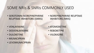 SOME NRIs & SNRIs COMMONLY USED
• SEROTONIN–NOREPINEPHRINE
REUPTAKE INHIBITORS (SNRIS)
• VENLAFAXINE
• DESVENLAFAXINE
• DULOXETINE
• MILNACIPRAN
• LEVOMILNACIPRAN
• NOREPINEPHRINE REUPTAKE
INHIBITORS (NRIS)
• ATOMOXETINE
• REBOXETINE
• VILOXAZINE
 