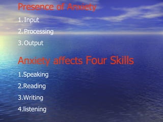 Presence of Anxiety Input Processing Output Anxiety affects  Four Skills 1.Speaking 2.Reading 3.Writing 4.listening 