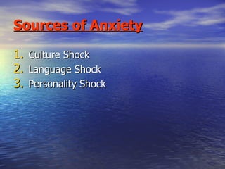 Sources of Anxiety   Culture Shock Language Shock Personality Shock 
