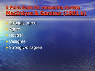 5 Point Scale for measuring Anxiety MacIntyre & Gardner (1991 b) Strongly agree Agree Neutral Disagree Strongly-disagree 