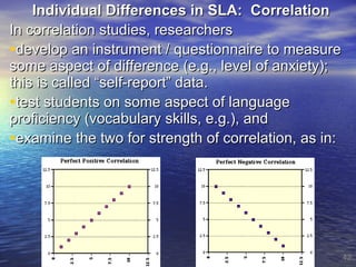 Individual Differences in SLA:  Correlation In correlation studies, researchers develop an instrument / questionnaire to measure some aspect of difference (e.g., level of anxiety); this is called “self-report” data. test students on some aspect of language proficiency (vocabulary skills, e.g.), and examine the two for strength of correlation, as in: 