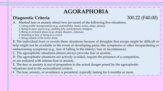 AGORAPHOBIA
Diagnostic Criteria 300.22 (F40.00)
A. Marked fear or anxiety about two (or more) of the following five situations:
1. Using public transportation (e.g., automobiles, buses, trains, ships, planes).
2. Being in open spaces (e.g., parking lots, marketplaces, bridges).
3. Being in enclosed places (e.g., shops, theaters, cinemas).
4. Standing in line or being in a crowd.
5. Being outside of the home alone.
B. The individual fears or avoids these situations because of thoughts that escape might be difficult or
help might not be available in the event of developing panic-like symptoms or other incapacitating or
embarrassing symptoms (e.g., fear of falling in the elderly; fear of incontinence).
C. The agoraphobic situations almost always provoke fear or anxiety.
D. The agoraphobic situations are actively avoided, require the presence of a companion,
or are endured with intense fear or anxiety.
E. The fear or anxiety is out of proportion to the actual danger posed by the agoraphobic
situations and to the sociocultural context.
F. The fear, anxiety, or avoidance is persistent, typically lasting for 6 months or more.
 
