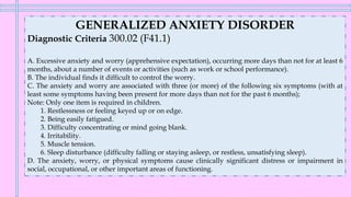GENERALIZED ANXIETY DISORDER
Diagnostic Criteria 300.02 (F41.1)
A. Excessive anxiety and worry (apprehensive expectation), occurring more days than not for at least 6
months, about a number of events or activities (such as work or school performance).
B. The individual finds it difficult to control the worry.
C. The anxiety and worry are associated with three (or more) of the following six symptoms (with at
least some symptoms having been present for more days than not for the past 6 months);
Note: Only one item is required in children.
1. Restlessness or feeling keyed up or on edge.
2. Being easily fatigued.
3. Difficulty concentrating or mind going blank.
4. Irritability.
5. Muscle tension.
6. Sleep disturbance (difficulty falling or staying asleep, or restless, unsatisfying sleep).
D. The anxiety, worry, or physical symptoms cause clinically significant distress or impairment in
social, occupational, or other important areas of functioning.
 