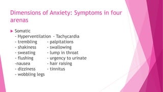 Dimensions of Anxiety: Symptoms in four
arenas
 Somatic
- Hyperventilation - Tachycardia
- trembling - palpitations
- shakiness - swallowing
- sweating - lump in throat
- flushing - urgency to urinate
-nausea - hair raising
- dizziness - tinnitus
- wobbling legs
 