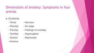 Dimensions of Anxiety: Symptoms in four
arenas
 Emotional
- Tense - Nervous
- Worried - On edge
- Panicky - Feelings of unreality
- Terrified - Hypervigilant
- Scared - Depressed
- Anxious
 