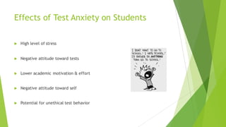Effects of Test Anxiety on Students
u High level of stress
u Negative attitude toward tests
u Lower academic motivation & effort
u Negative attitude toward self
u Potential for unethical test behavior
 