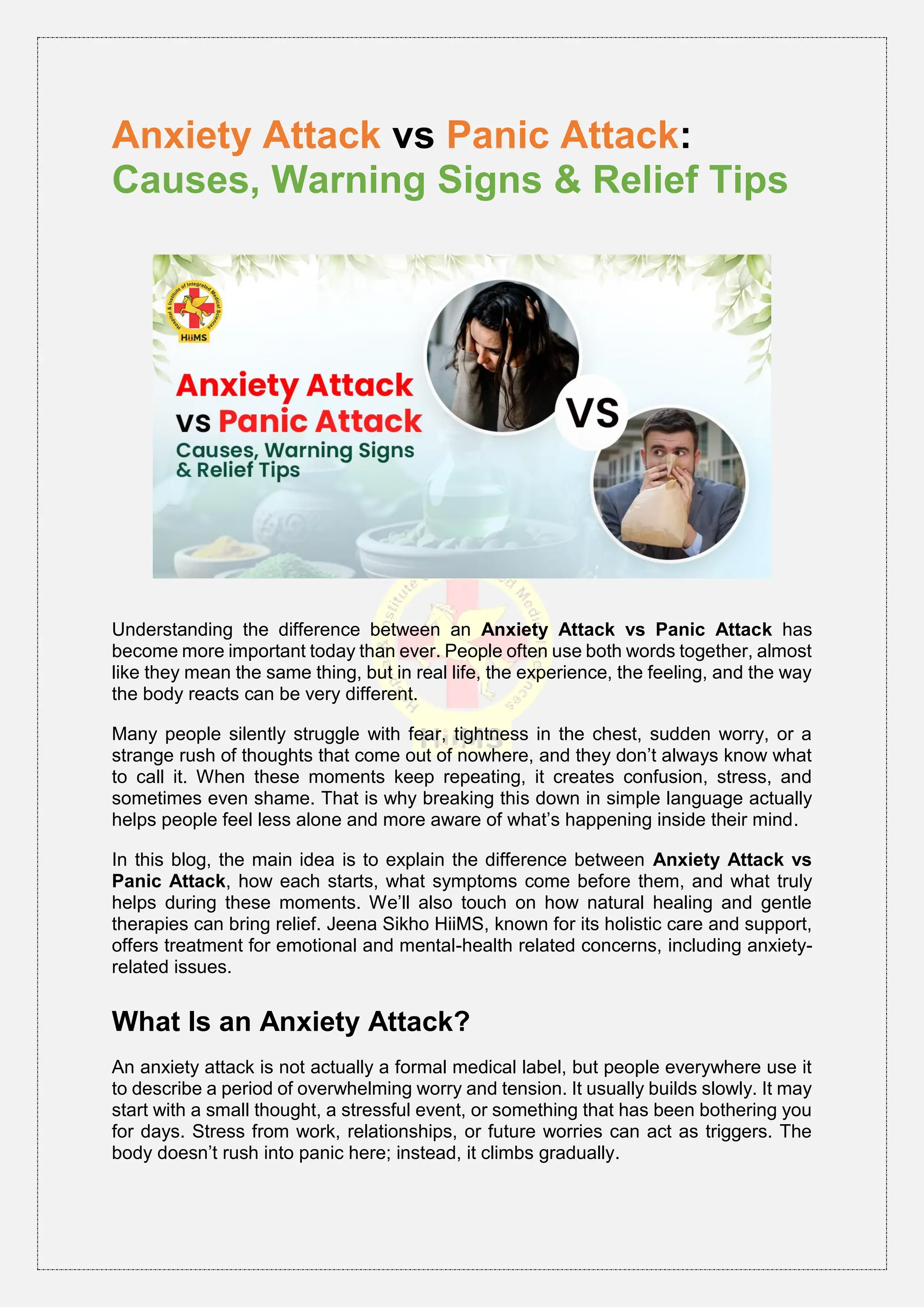 Anxiety Attack vs Panic Attack: Causes, Warning Signs & Relief Tips | PDF