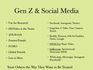 Gen Z & Social Media
Use for Research
HDVideo is the Norm
4DLifestyle
Emotes/Emojis
FOMO
Global Friends
Less is More
Facebook, Instagram, Twitter
Snapchat, U-Tube, Vine Camera,
Peach,
Reddit, Pintrest, ASk.fmTumbler,
Flickr, Google
EPOXY.tv-Share Video
buﬀer.com, Sproutsocial,
Hootsuite-SMM
WhatsApp, Messenger, Instagram
(Facebook)
Treat Others the Way They Want to Be Treated
 