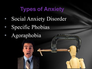 Types of Anxiety
• Social Anxiety Disorder
• Specific Phobias
• Agoraphobia
 