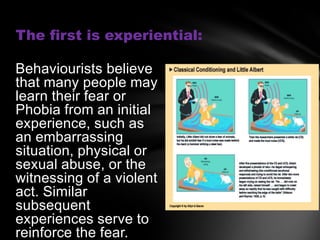 The first is experiential:

Behaviourists believe
that many people may
learn their fear or
Phobia from an initial
experience, such as
an embarrassing
situation, physical or
sexual abuse, or the
witnessing of a violent
act. Similar
subsequent
experiences serve to
reinforce the fear.
 