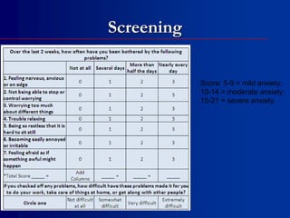 Screening
Score: 5-9 = mild anxiety;
10-14 = moderate anxiety;
15-21 = severe anxiety.
 