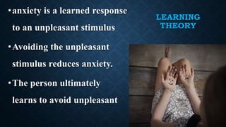 LEARNING
THEORY
•anxiety is a learned response
to an unpleasant stimulus
•Avoiding the unpleasant
stimulus reduces anxiety.
•The person ultimately
learns to avoid unpleasant
 