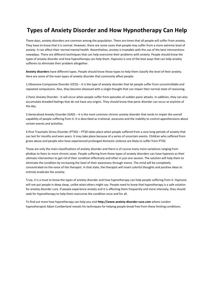 Anxiety disorder cure with hypnotherapy