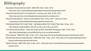 Bibliography
“Generalized Anxiety Disorder (GAD).” NIMH RSS. Web. 15 Nov. 2015.
<http://www.nimh.nih.gov/health/topics/generalized-anxiety-disorder-gad/index.shtml>
“General Anxiety Disorder In Our Classrooms.” Examiner.com. Web. 15 Nov. 2015.
<http://www.examiner.com/article/general-anxiety-disorder-our-classrooms>
“General Anxiety Method.” General Anxiety Method. Web. 15 Nov. 2015. <http://s3-us-west-
1.amazonaws.com/anxietyfreemethod/odaxy-general-anxiety.html>
“THE BRAIN FROM TOP TO BOTTOM.” THE BRAIN FROM TOP TO BOTTOM. Web. 15 Nov. 2015.
<http://thebrain.mcgill.ca/flash/i/i_08/i_08_p/i_08_p_anx/i_08_p_anx.html>
“‘I Am Not My Social Anxiety.’” What I Be Project by Steve Rosenfield Photography. Web. 15 Nov. 2015.
<http://www.whatibeproject.com/portfolio-item/i-am-not-my-social-anxiety-8/>
“Panic Disorder.” NIMH RSS. Web. 15 Nov. 2015. <http://www.nimh.nih.gov/health/topics/panic-disorder/index.shtml>
“Social Phobia (Social Anxiety Disorder).” NIMH RSS. Web. 15 Nov. 2015. <http://www.nimh.nih.gov/health/topics/social-
phobia-social-anxiety-disorder/index.shtml>
“Specific Phobias.” NIMH RSS. Web. 15 Nov. 2015. <http://www.nimh.nih.gov/health/topics/anxiety-disorders/specific-
phobias.shtml>
 