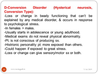 35
D-Conversion Disorder (Hysterical neurosis,
Conversion Type):
-Loss or change in beady functioning that can’t be
explained by any medical disorder, & occurs in response
to psychological stress.
-In females > males.
-Usually starts in adolescence or young adulthood.
-Medical exams do not reveal physical abnormality.
-Pt. is not conscious of producing sx.
-Histrionic personality pt: more exposed than others.
-Could happen if exposed to great stress.
-Loss or change can give sensory/motor sx or both.
7/16/2019www.nursingpath.in
 