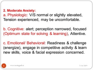6
2. Moderate Anxiety:
a. Physiologic: V/S normal or slightly elevated,
Tension experienced, may be uncomfortable.
b. Cognitive: alert; perception narrowed, focused
(Optimum state for solving & learning), Attentive.
c. Emotional/ Behavioral: Readiness & challenge
(energize), engage in competitive activity & learn
new skills, voice & facial expression concerned.
7/16/2019www.nursingpath.in
 