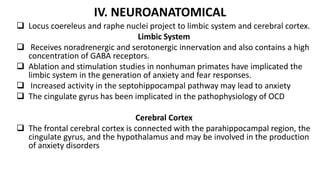 IV. NEUROANATOMICAL
 Locus coereleus and raphe nuclei project to limbic system and cerebral cortex.
Limbic System
 Receives noradrenergic and serotonergic innervation and also contains a high
concentration of GABA receptors.
 Ablation and stimulation studies in nonhuman primates have implicated the
limbic system in the generation of anxiety and fear responses.
 Increased activity in the septohippocampal pathway may lead to anxiety
 The cingulate gyrus has been implicated in the pathophysiology of OCD
Cerebral Cortex
 The frontal cerebral cortex is connected with the parahippocampal region, the
cingulate gyrus, and the hypothalamus and may be involved in the production
of anxiety disorders
 