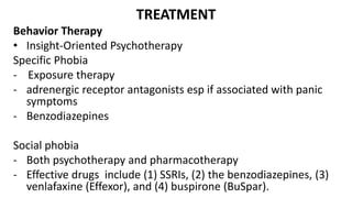 TREATMENT
Behavior Therapy
• Insight-Oriented Psychotherapy
Specific Phobia
- Exposure therapy
- adrenergic receptor antagonists esp if associated with panic
symptoms
- Benzodiazepines
Social phobia
- Both psychotherapy and pharmacotherapy
- Effective drugs include (1) SSRIs, (2) the benzodiazepines, (3)
venlafaxine (Effexor), and (4) buspirone (BuSpar).
 