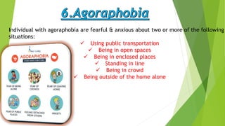 Individual with agoraphobia are fearful & anxious about two or more of the following
situations:
 Using public transportation
 Being in open spaces
 Being in enclosed places
 Standing in line
 Being in crowd
 Being outside of the home alone
 