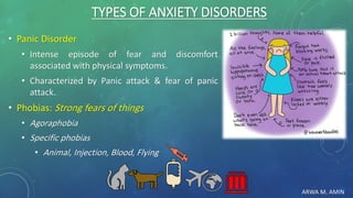 ARWA M. AMIN
TYPES OF ANXIETY DISORDERS
• Panic Disorder
• Intense episode of fear and discomfort
associated with physical symptoms.
• Characterized by Panic attack & fear of panic
attack.
• Phobias: Strong fears of things
• Agoraphobia
• Specific phobias
• Animal, Injection, Blood, Flying
 