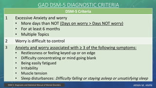 ARWA M. AMIN
GAD DSM-5 DIAGNOSTIC CRITERIA
DSM-5 Criteria
Excessive Anxiety and worry
• More days than NOT (Days on worry > Days NOT worry)
• For at least 6 months
• Multiple Topics
1
Worry is difficult to control2
Anxiety and worry associated with ≥ 3 of the following symptoms:
• Restlessness or feeling keyed up or on edge
• Difficulty concentrating or mind going blank
• Being easily fatigued
• Irritability
• Muscle tension
• Sleep disturbances: Difficulty falling or staying asleep or unsatisfying sleep
3
DSM-5: Diagnostic and Statistical Manual of Mental Disorders
 