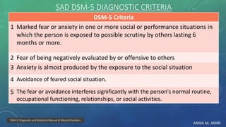 ARWA M. AMIN
SAD DSM-5 DIAGNOSTIC CRITERIA
DSM-5 Criteria
Marked fear or anxiety in one or more social or performance situations in
which the person is exposed to possible scrutiny by others lasting 6
months or more.
1
Fear of being negatively evaluated by or offensive to others2
Anxiety is almost produced by the exposure to the social situation3
Avoidance of feared social situation.4
The fear or avoidance interferes significantly with the person's normal routine,
occupational functioning, relationships, or social activities.
5
DSM-5: Diagnostic and Statistical Manual of Mental Disorders
 