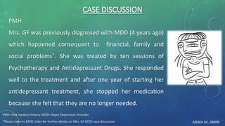 ARWA M. AMIN
CASE DISCUSSION
PMH
Mrs. GF was previously diagnosed with MDD (4 years ago)
which happened consequent to financial, family and
social problems*. She was treated by ten sessions of
Psychotherapy and Antidepressant Drugs. She responded
well to the treatment and after one year of starting her
antidepressant treatment, she stopped her medication
because she felt that they are no longer needed.
*Please refer to MDD slides for further details on Mrs. GF MDD case discussion
PMH: Past medical History, MDD: Major Depressive Disorder
 