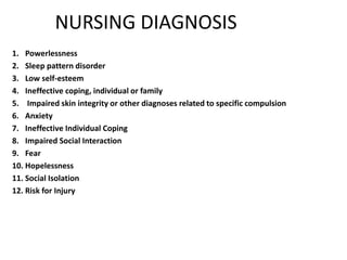 NURSING DIAGNOSIS
1. Powerlessness
2. Sleep pattern disorder
3. Low self-esteem
4. Ineffective coping, individual or family
5. Impaired skin integrity or other diagnoses related to specific compulsion
6. Anxiety
7. Ineffective Individual Coping
8. Impaired Social Interaction
9. Fear
10. Hopelessness
11. Social Isolation
12. Risk for Injury
 