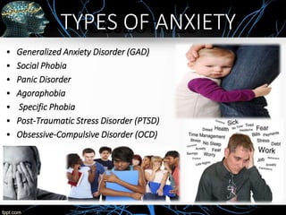 OBJECTIVES
• Generalized Anxiety Disorder (GAD)
• Social Phobia
• Panic Disorder
• Agoraphobia
• Specific Phobia
• Post-Traumatic Stress Disorder (PTSD)
• Obsessive-Compulsive Disorder (OCD)
TYPES OF ANXIETY
 