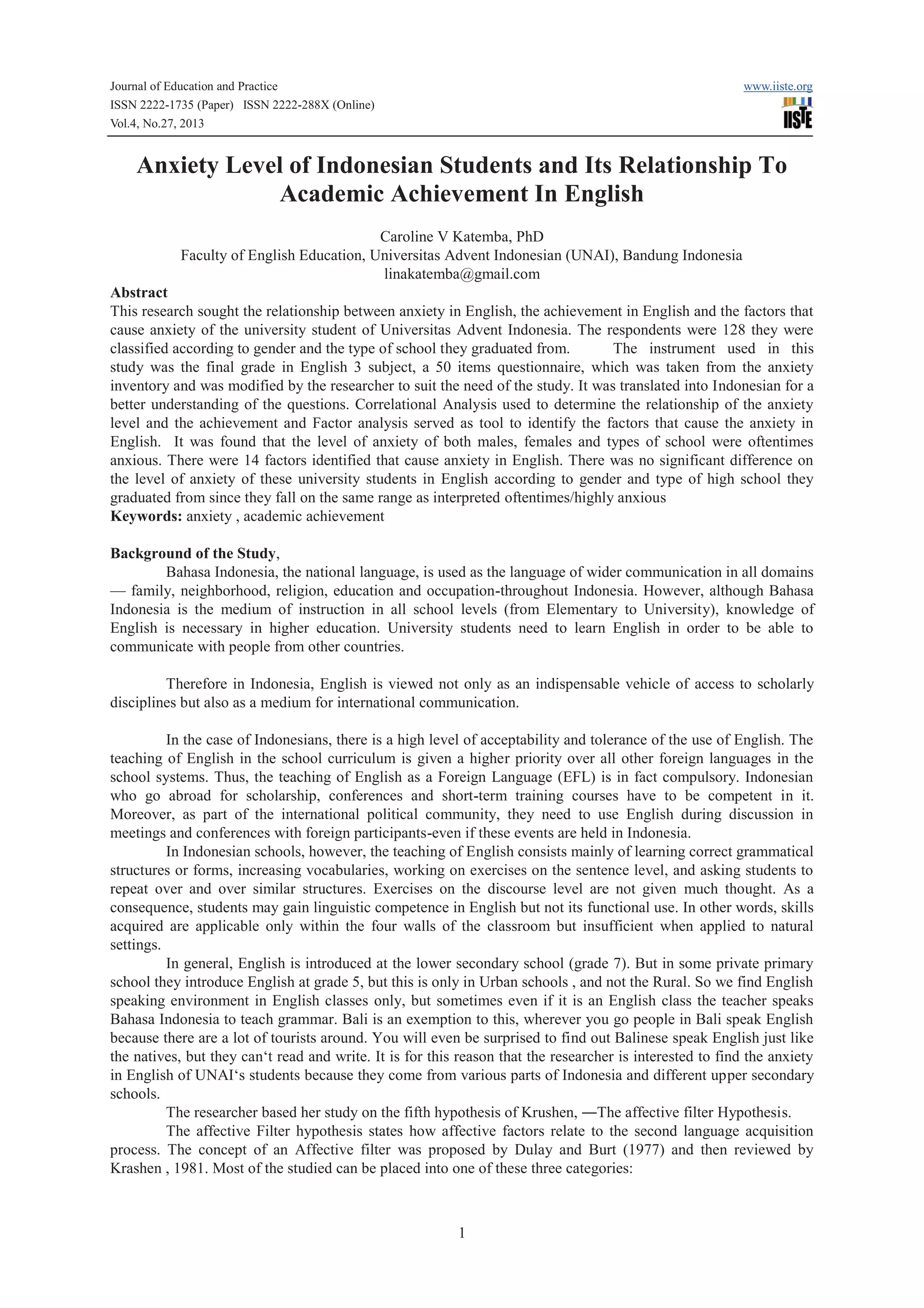 Anxiety level of indonesian students and its relationship to academic ...