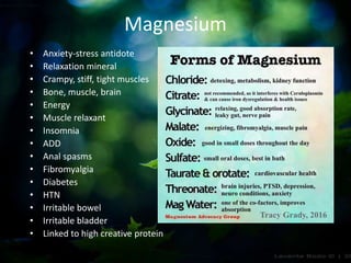 Magnesium
• Anxiety-stress antidote
• Relaxation mineral
• Crampy, stiff, tight muscles
• Bone, muscle, brain
• Energy
• Muscle relaxant
• Insomnia
• ADD
• Anal spasms
• Fibromyalgia
• Diabetes
• HTN
• Irritable bowel
• Irritable bladder
• Linked to high creative protein
 