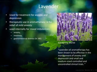 Lavender
• Used for treatment for anxiety and
depression
• therapeutic use in aromatherapy is for
relief of mild anxiety
• used internally for mood imbalances:
– anxiety,
– insomnia,
– gastrointestinal distress (ie: IBS)
Gardeners World-
“Lavender oil aromatherapy has
been shown to be effective in the
management of anxiety and
depression and small and
medium-sized controlled and
uncontrolled clinical trials. ”
 