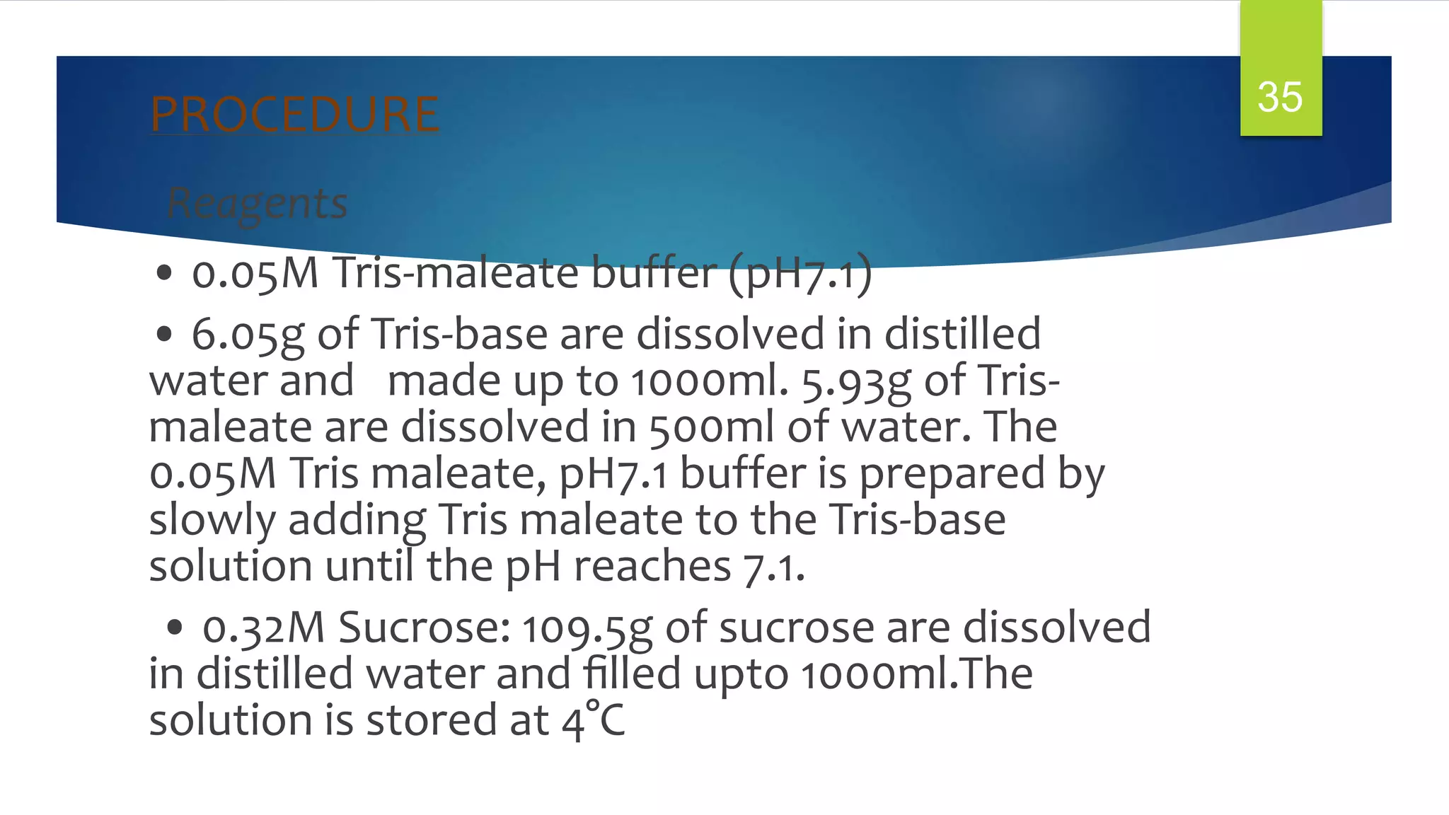 PROCEDURE
Reagents
• 0.05M Tris-maleate buffer (pH7.1)
• 6.05g of Tris-base are dissolved in distilled
water and made up to 1000ml. 5.93g of Tris-
maleate are dissolved in 500ml of water. The
0.05M Tris maleate, pH7.1 buffer is prepared by
slowly adding Tris maleate to the Tris-base
solution until the pH reaches 7.1.
• 0.32M Sucrose: 109.5g of sucrose are dissolved
in distilled water and ﬁlled upto 1000ml.The
solution is stored at 4°C
35
 