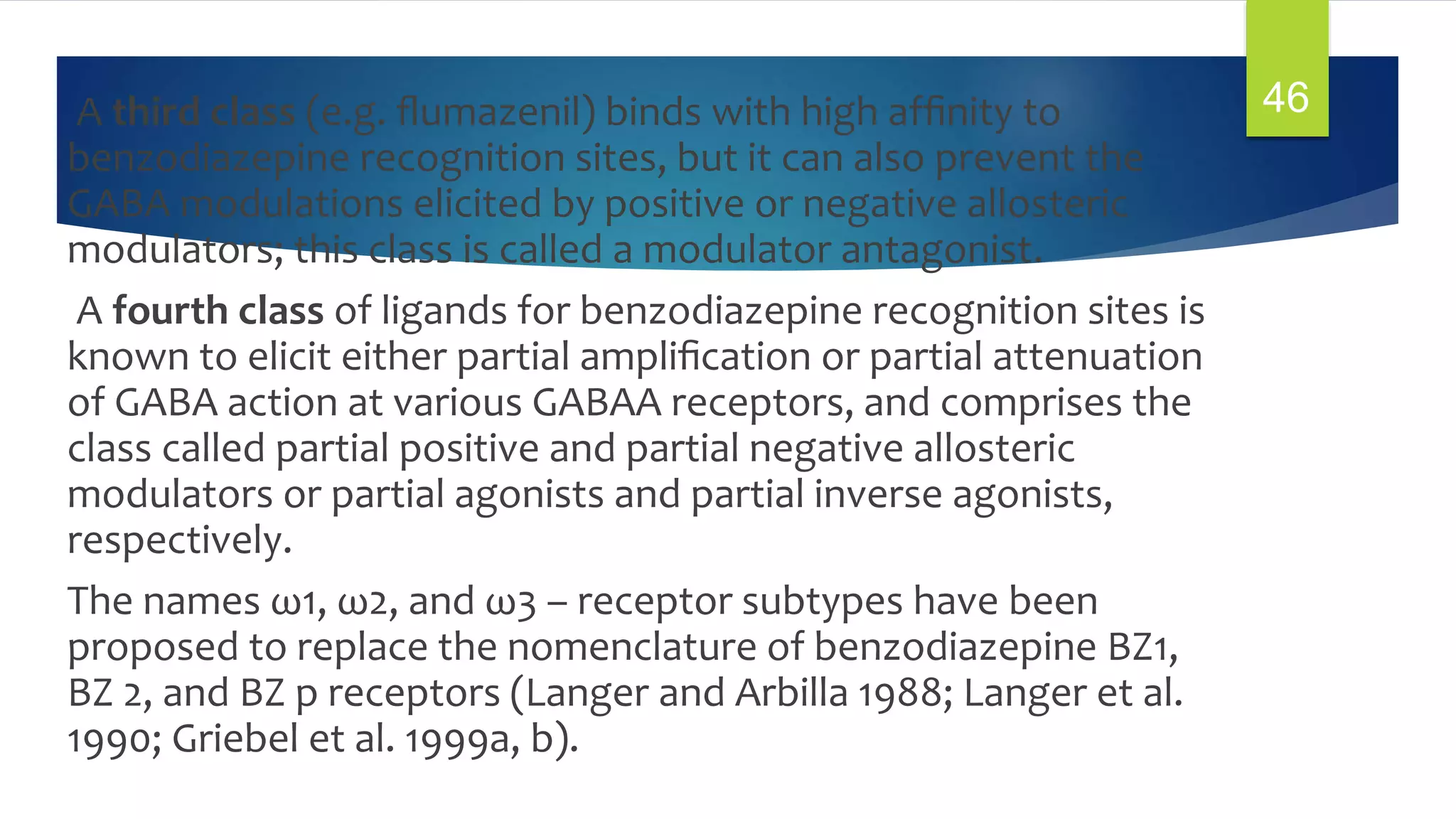 A third class (e.g. ﬂumazenil) binds with high afﬁnity to
benzodiazepine recognition sites, but it can also prevent the
GABA modulations elicited by positive or negative allosteric
modulators; this class is called a modulator antagonist.
A fourth class of ligands for benzodiazepine recognition sites is
known to elicit either partial ampliﬁcation or partial attenuation
of GABA action at various GABAA receptors, and comprises the
class called partial positive and partial negative allosteric
modulators or partial agonists and partial inverse agonists,
respectively.
The names ω1, ω2, and ω3 – receptor subtypes have been
proposed to replace the nomenclature of benzodiazepine BZ1,
BZ 2, and BZ p receptors (Langer and Arbilla 1988; Langer et al.
1990; Griebel et al. 1999a, b).
46
 