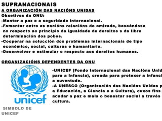 SUPRANACIONAIS
A ORGANIZACIÓN DAS NACIÓNS UNIDAS
Obxetivos da ONU:
-Manter a paz e a se guridade inter nacional.
-Fomentar entr e as nacións r elacións de amizade, baseándose
 no r especto ao principio da igualdade de der eitos s da libr e
 deter minación dos pobos.
-Cooper ar na solucción dos pr oblemas inter nacionais de tipo
 económico, social, cultur as e humanitario.
-Desenvolver e estimular o r especto aos der eitos humanos.

ORGANIZACIÓNS DEPENDENTES DA ONU

                      -UNICEF (Fondo Inter nacional das Nacións Unid
                      par a a Infancia), cr eada par a pr otexer a infanci
                      a xuventude.
                      -A UNESCO (Or ganización das Nacións Unidas p
                      a Educación, a Ciencia e a Cultur a), cuxos fins
                      acadar a paz e mais o benestar sacial a tr avés
                      cultur a.
SIMBOLO DE
UNICEF
 