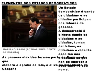 ELEMENTOS DOS ESTADOS DEMOCRÁTICOS
                                  Un Estado
                                  democrático é cando
                                  os cidadáns e as
                                  cidadás par ticipan
                                  nos labores de
                                  gober no.
                                  A democracia é
                                  directa cando os
                                  cidadáns e as
                                  cidadás, toman
                                  decisións, os
MARIANO RAJOI (ACTUAL PRESIDENTE cidadáns e cidadás
DE ESPAÑA)
                                  escollen nas
As per soas elexidas for man par te do Par lamento,
                                  eleccións os que
que                               han de exercer a
elabora e aproba as leis, e elixe soberanía no seu
                                  ao presidente do
Gober no                          nome.
 