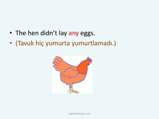 • The hen didn’t lay any eggs.
• (Tavuk hiç yumurta yumurtlamadı.)
ingilizcebankasi.com
 