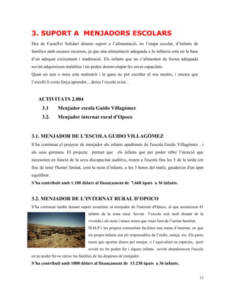 3. SUPORT A MENJADORS ESCOLARS
Des de Castellví Solidari donem suport a l’alimentació, en l’etapa escolar, d’infants de
famílies amb escasos recursos, ja que una alimentació adequada a la infància esta en la base
d’un adequat creixement i maduració. Els infants que no s’alimenten de forma adequada
sovint adquireixen malalties i no poden desenvolupar les seves capacitats.
Quan un nen o nena esta malnutrit i te gana no pot escoltar al seu mestre, i encara que
l’escolti li costa força aprendre... deixa l’escola aviat...


    ACTIVITATS 2.004
      3.1       Menjador escola Guido Villagómez
      3.2.      Menjador internat rural d’Opoco


3.1. MENJADOR DE L’ESCOLA GUIDO VILLAGÓMEZ
S’ha continuat el projecte de menjador als infants apadrinats de l'escola Guido Villagómez , i
als seus germans. El projecte        permet que      els infants que per poder rebre l’atenció que
necessiten en funció de la seva discapacitat auditiva, resten a l'escola fins les 5 de la tarda (en
lloc de tenir l'horari limitat, com la resta d’infants, a les 3 hores del matí), gaudeixin d'un àpat
equilibrat .
S’ha contribuït amb 1.100 dòlars al finançament de 7.660 àpats a 36 infants.


3.2. MENJADOR DE L’INTERNAT RURAL D’OPOCO
S’ha continuat també donant suport econòmic al menjador de l'internat d'Opoco, al que assisteixen 45
                                   infants de la zona rural. Sovint      l’escola està molt distant de la
                                   vivenda i els nens i nenes tenen que viure fora de l’unitat familiar.
                                   ISALP i les pròpies comunitats faciliten una mena d’internat, en que
                                   els propis infants son els responsables de l’ordre, neteja, etc. Els pares
                                   tenen que aportar diners pel menjar, o l’equivalent en espècies, però
                                   sovint no ho poden fer i alguns infants sovint abandonaven l'escola
en no poder fer-se càrrec les famílies de les despeses de menjador.
S’ha contribuït amb 1000 dòlars al finançament de 13.230 àpats a 36 infants.


                                                                                                           13
 