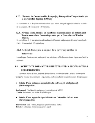 4.2.2. “Jornada de Comunicación, Lenguaje y Discapacidad” organitzada per
        la Universidad Técnica de Oruro

 Es va realitzar el 28 de juliol amb una durada de 8 hores, adreçada a professionals de la salut i
 de la educació. Hi van assistir 120 persones.


4.2.3. Jornada sobre Atenció, en l’àmbit de la comunicació, als Infants amb
       Trastorns en el seu Desenvolupament per a Educadores d’Escoles
       Bressol.
 Es va realitzar el 15 de setembre, adreçada específicament a educadores d’escola bressol dels
 PAN. Hi van assistir 93 educadores.


 4.2.4. Activitat de docencia a alumnes de la carrera de auxiliar en
           fisioterapia
 Laura López, fisioterapeuta, va impartir les pràctiques a 30 alumnes, durant els mesos d’abril a
 setembre.


4.3.     ACTIVITATS FORMATIVES DIRECTES PER A PROFESSIONALS
          DELS PROJECTES
       Durant els mesos d’estiu, diferents professionals, col·laborant amb Castellví Solidari van
 compartir els seus coneixements i experiència professional amb els professionals dels projectes.


 • Estada d’una pedagoga especialitzada en l’atenció a infants amb
   pluridiscapacitat.

 Professional: Elsa Bombín, pedagoga i professional de NEXE.
 Estada: 6 setmanes, els mesos de juliol i agost

 • Estada d’una logopeda especialitzada en l’atenció a infants amb
   pluridiscapacitat.

 Professional: Sara Torrens, logopeda i profesional de NEXE
 Estada: 6 setmanes, els mesos de juliol i agost




                                                                                                    21
 